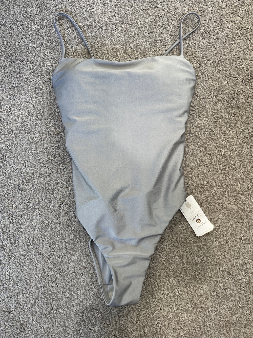 Shade & Shore Silver Gray High-Leg Cheeky Swimsuit Tag